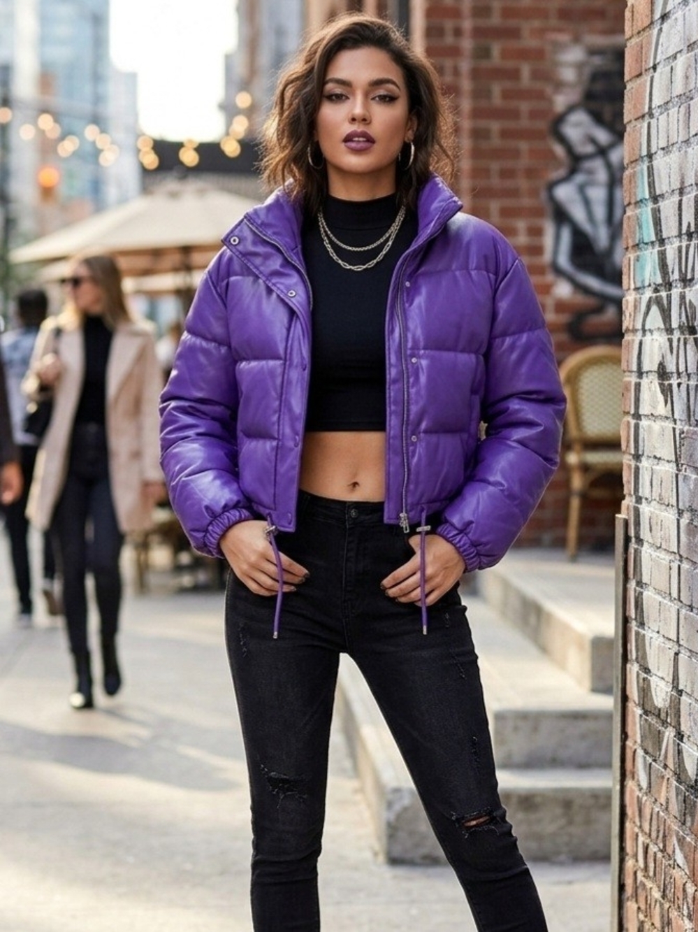 Love Tree Purple Vegan Leather Cropped Puffer Jacket